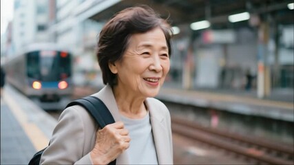 Japanese, woman and face with laughing in city for comedy, joke or funny story with travel to workplace. Mature person, portrait or happy with comic news, meme or humor for commute or morning journey - Powered by Adobe