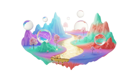Dreamscape: Rendered fantasy island with mountains, river, and iridescent spheres