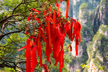 Red ribbons or strings used as blessing in buddhism