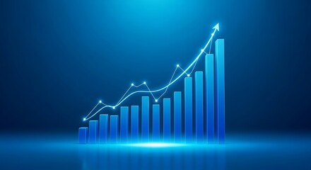 Growing bar graph with arrow showing business profit on blue background