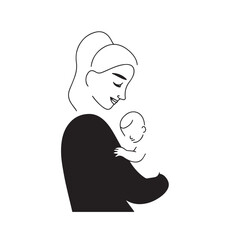 Black and white line art of a beautiful mother lovingly embracing her baby minimalist tender illustration