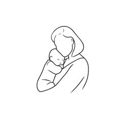 Black and white line art of a beautiful mother lovingly embracing her baby minimalist tender illustration