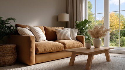 3D rendered modern brown living room interior with cozy sofas, wooden coffee table, floor lamps, wall art, and indoor plants, styled in warm earthy tones with natural light and luxury details