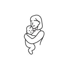 Black and white line art of a beautiful mother lovingly embracing her baby minimalist tender illustration
