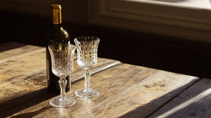 wine. An elegant wine bottle and crystal glasses on a rustic table with golden reflections from soft backlighting. bar promotions, beverage menus, designed for product packaging and bar promotions.