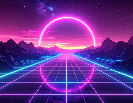 Synthwave Sunset Landscape with Holographic Ring and Neon Grid