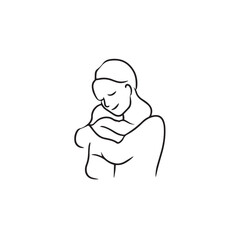 Black and white line art of a beautiful mother lovingly embracing her baby minimalist tender illustration