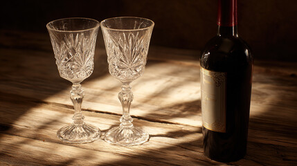wine. An elegant wine bottle and crystal glasses on a rustic table with golden reflections from soft backlighting. bar promotions, beverage menus, designed for product packaging and bar promotions.