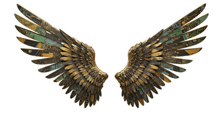 Obraz premium Futuristic Wings Made of Circuit Boards and Gold png clear alpha channel cutout isolated on transparent background