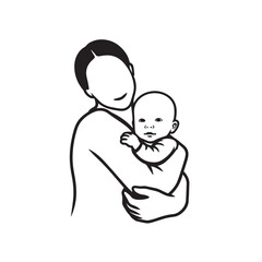 Black and white line art of a beautiful mother lovingly embracing her baby minimalist tender illustration