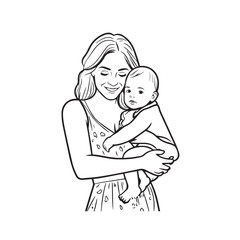 Black and white line art of a beautiful mother lovingly embracing her baby minimalist tender illustration