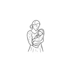 Black and white line art of a beautiful mother lovingly embracing her baby minimalist tender illustration
