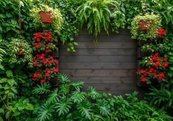 Lush Vertical Garden with Red Flowers and Wooden Backdrop.