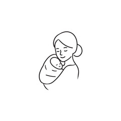 Black and white line art of a beautiful mother lovingly embracing her baby minimalist tender illustration