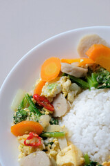 Rice served with capcay, a popular Chinese stir fried vegetables dish