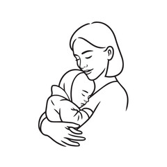 Black and white line art of a beautiful mother lovingly embracing her baby minimalist tender illustration