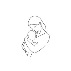 Black and white line art of a beautiful mother lovingly embracing her baby minimalist tender illustration