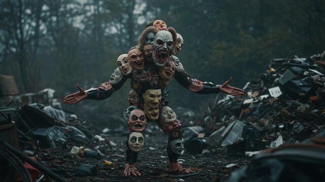 A Nightmarish Figure Adorned with Numerous Disfigured Masks Stands Amongst the Ruins of a Forgotten Junkyard, Eliciting Fear and Intrigue in an Eerie Atmosphere