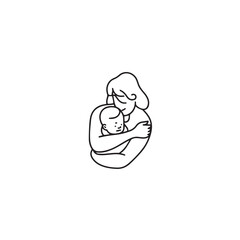 Black and white line art of a beautiful mother lovingly embracing her baby minimalist tender illustration