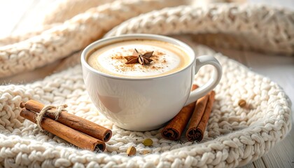 Cozy autumnal coffee drink on a knitted blanket