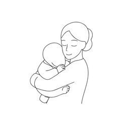 Black and white line art of a beautiful mother lovingly embracing her baby minimalist tender illustration