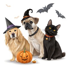 Halloween Pets Dogs and Cat with Pumpkin and Witch Hats