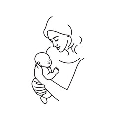 Black and white line art of a beautiful mother lovingly embracing her baby minimalist tender illustration