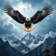 A bald eagle with outstretched wings flies gracefully over a range of snow-covered mountains