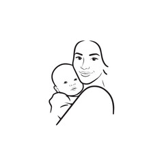 Black and white line art of a beautiful mother lovingly embracing her baby minimalist tender illustration