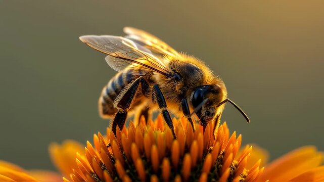 Honey bee pollinating an orange flower close-up. Macro shot of nature insect gathering nectar for spring season footage.