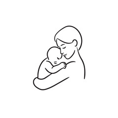 Black and white line art of a beautiful mother lovingly embracing her baby minimalist tender illustration