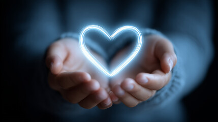 Fototapeta premium Hands holding glowing heart symbol in the dark with blue tones presenting love