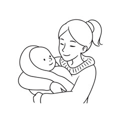 Black and white line art of a beautiful mother lovingly embracing her baby minimalist tender illustration