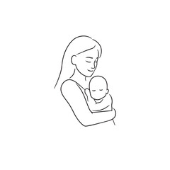 Black and white line art of a beautiful mother lovingly embracing her baby minimalist tender illustration