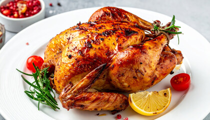 Delicious roasted chicken dinner main course from an electrical appliance with fresh rosemary and lemon on white plate