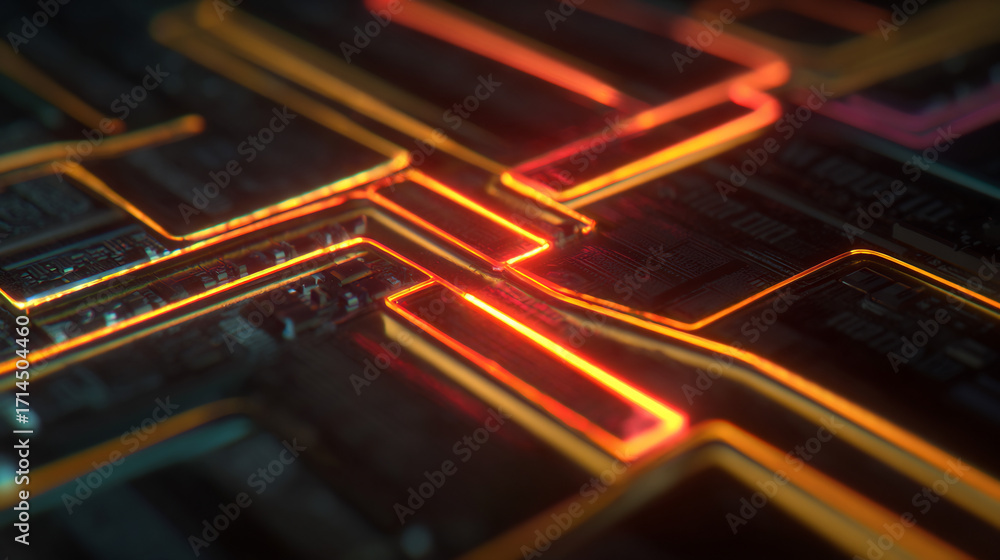 Poster ai concept: glowing orange lines on a dark circuit board, representing data processing and digital c