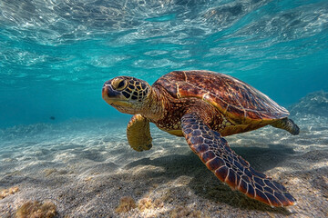 Fototapeta premium Graceful sea turtle gliding through turquoise waters near sandy ocean floor