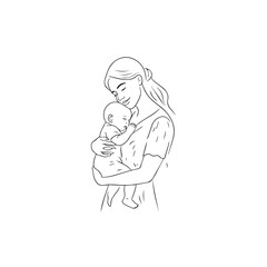 Black and white line art of a beautiful mother lovingly embracing her baby minimalist tender illustration