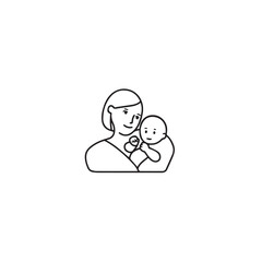 Black and white line art of a beautiful mother lovingly embracing her baby minimalist tender illustration