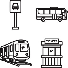 Public Transportation Icons Set with Bus, Train, Bus Stop, and Ticket Booth