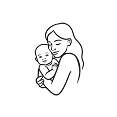 Black and white line art of a beautiful mother lovingly embracing her baby minimalist tender illustration