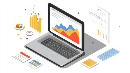 A laptop with graph clipart, business analytics element, digital vector illustration, modern style, isolated on white background.