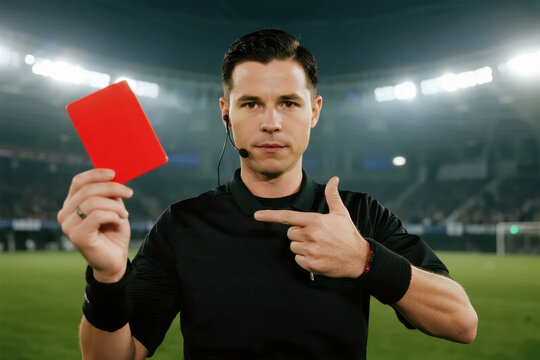 Soccer Referee Showing Red Card to Player During Night Game Match Professional Sports Photography