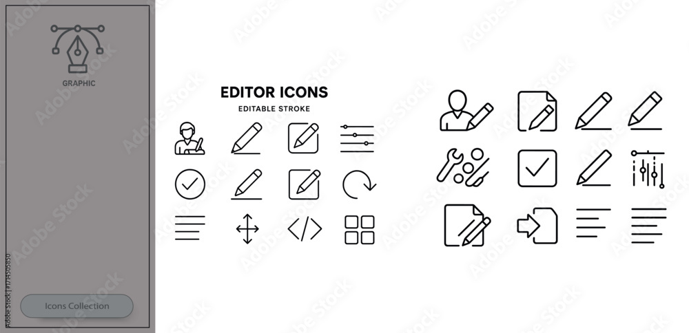 Poster set of editable icons for various design and editing functions in a minimalist style