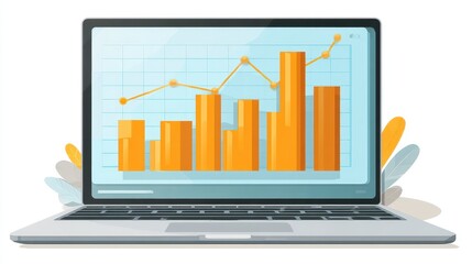 A laptop with graph clipart, business analytics element, digital vector illustration, modern style, isolated on white background. 