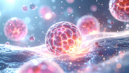 Scientific abstract background of skin cell rejuvenating with light particle, hopeful vision of skincare technology