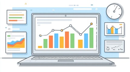 A laptop with graph clipart, business analytics element, digital vector illustration, modern style, isolated on white background. 