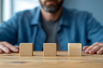 Contemplative man with blank wooden blocks on a table, ready for customization