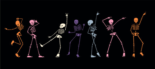 Halloween disco party skeletons dancing with funky vibe. Perfect for designers, event planners, and brands creating spooky festive posters, decorations, and party visuals.
