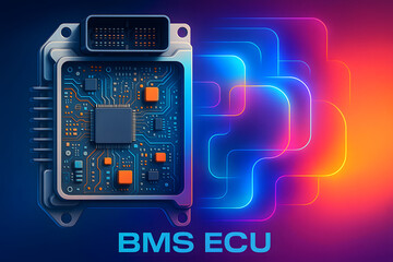 EV Battery Management System ECU Cross-Section Collage with Abstract Glowing Digital Shapes